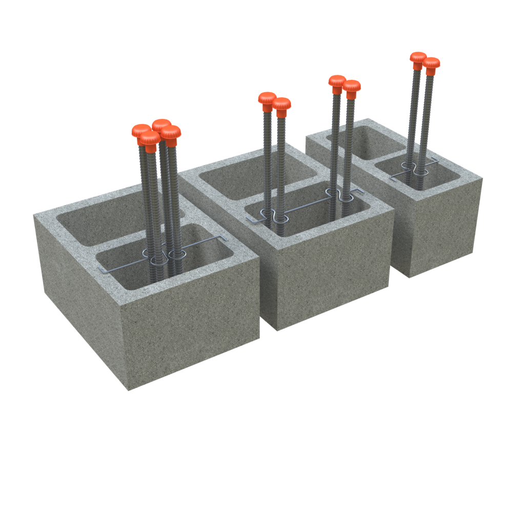 Rebar is used on pairs of cinderblocks