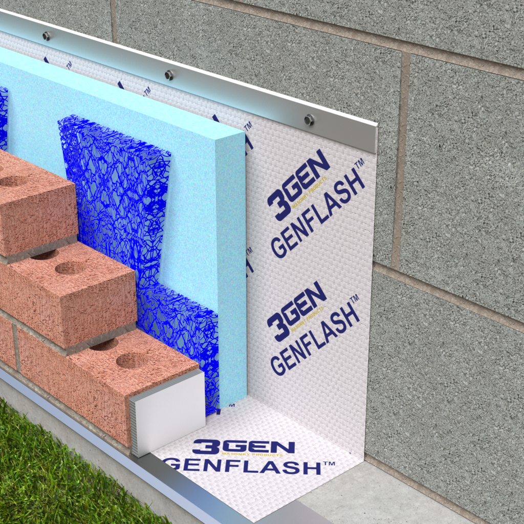 A detailed rendering of a brick wall with computer-detailed plans for termination bar placement.