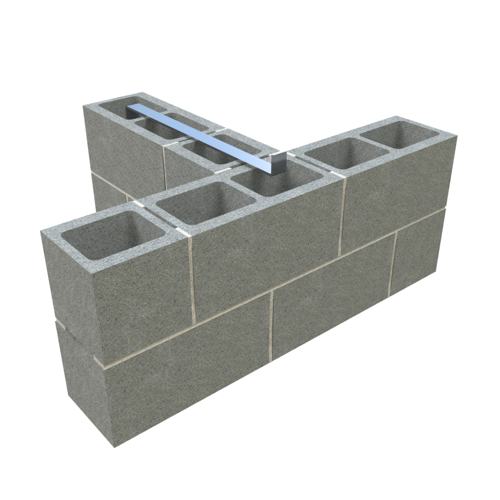 A z-strap sits on a wall of concrete masonry units.